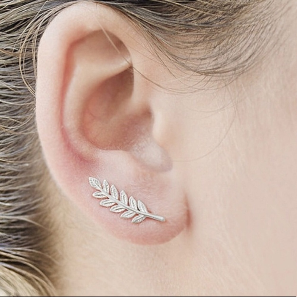 Silver Leaf Ear Climber Cute Stud Earrings